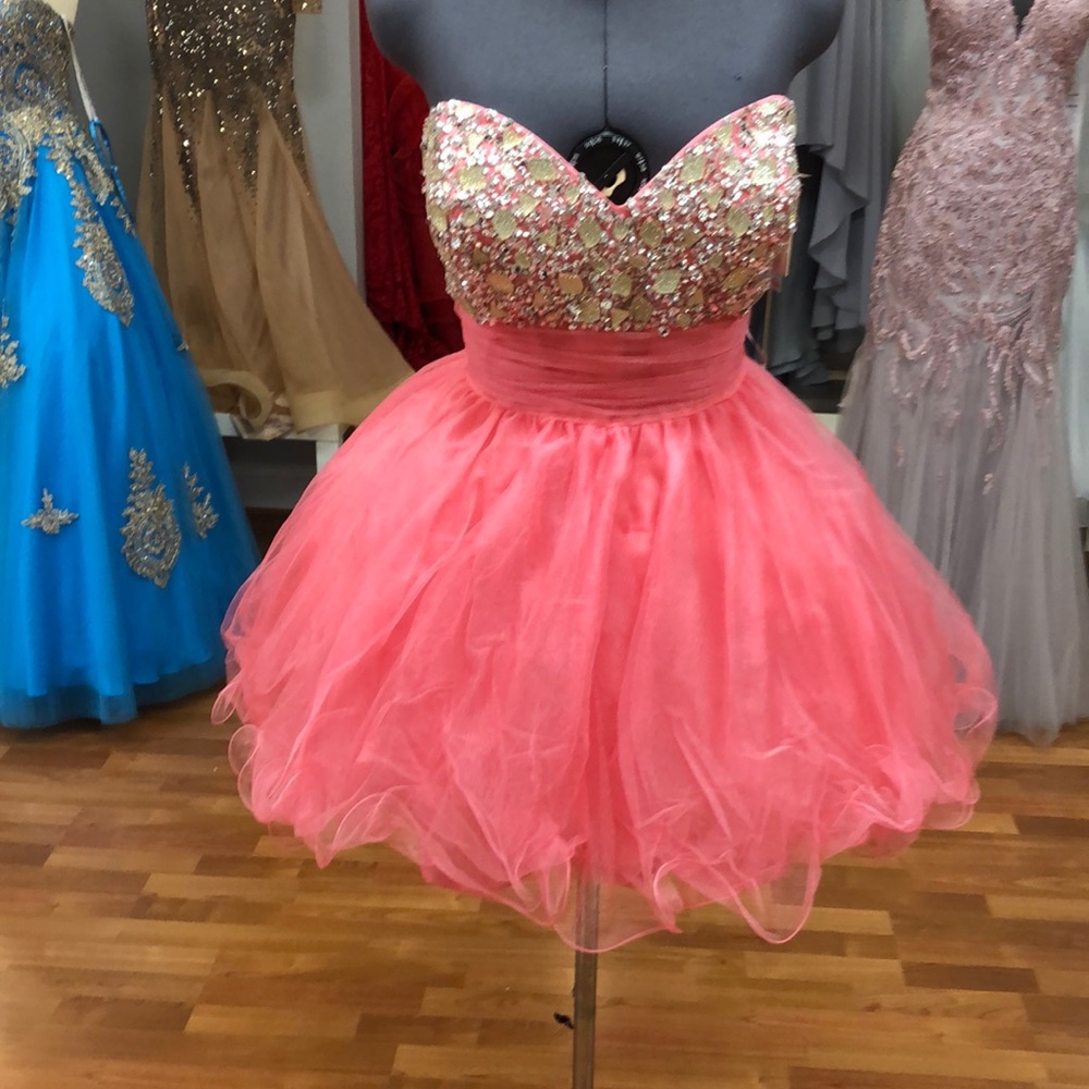 Coral prom dress with rhinestones